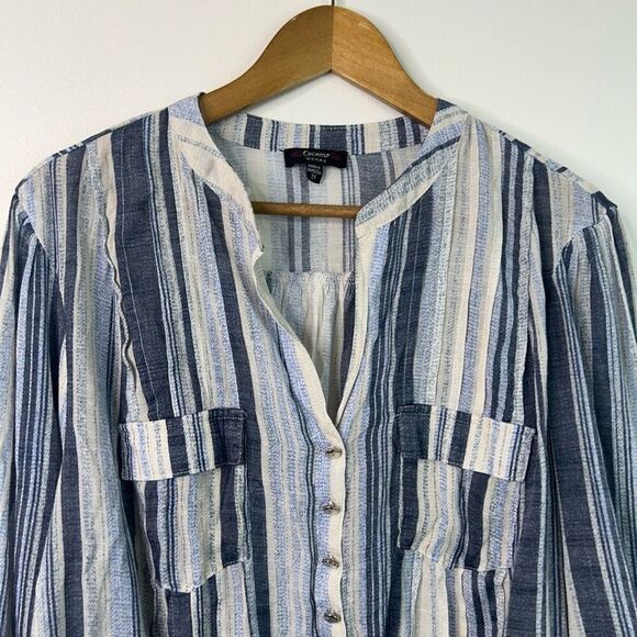 Cocomo Striped Button Front Roll Tab Sleeve Tunic Top 2X Blue White Tie Hem - Picture 2 of 10